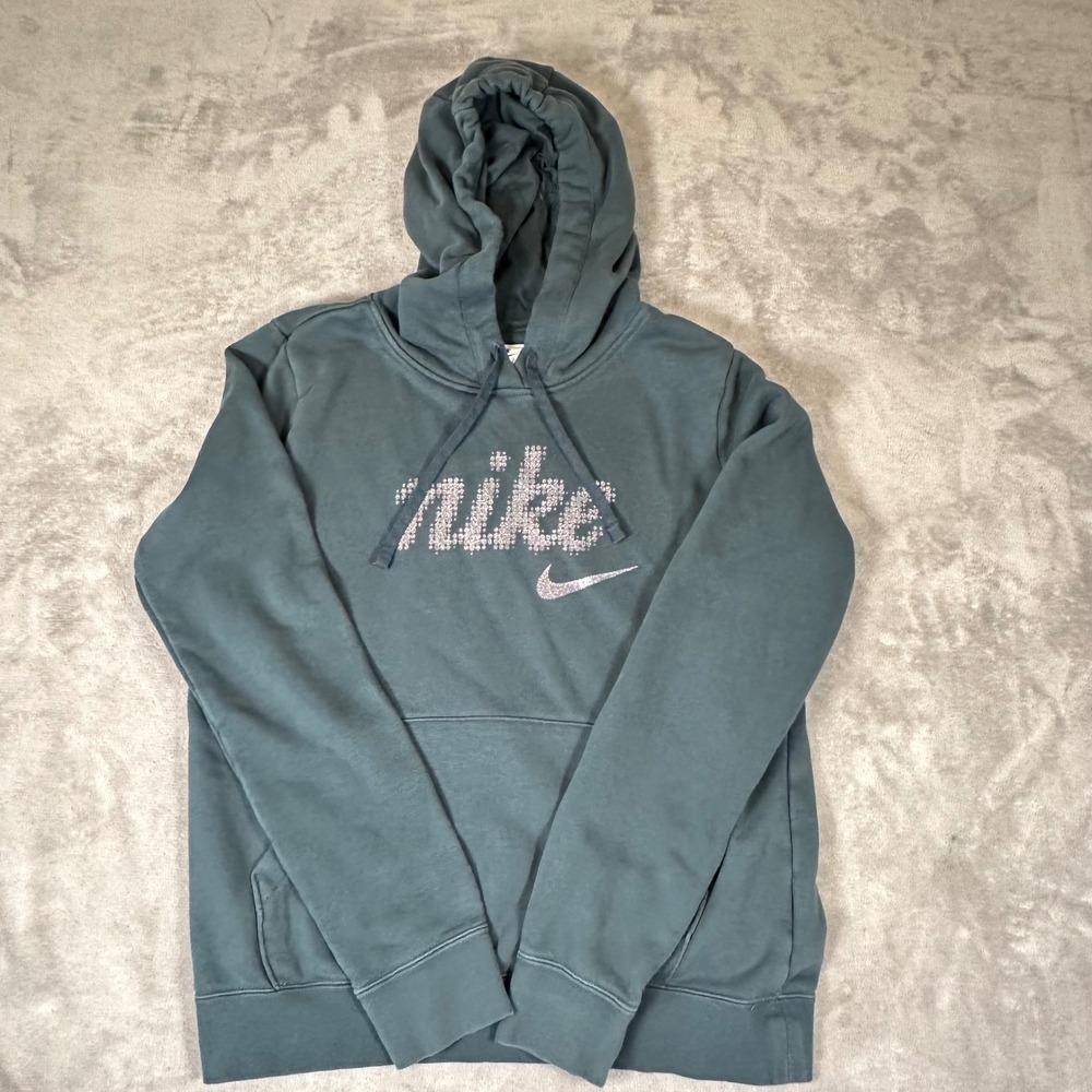 Nike Womens Hoodie XS Dark Teal Green Pink Glitter Graphic Pullover Sweatshirt